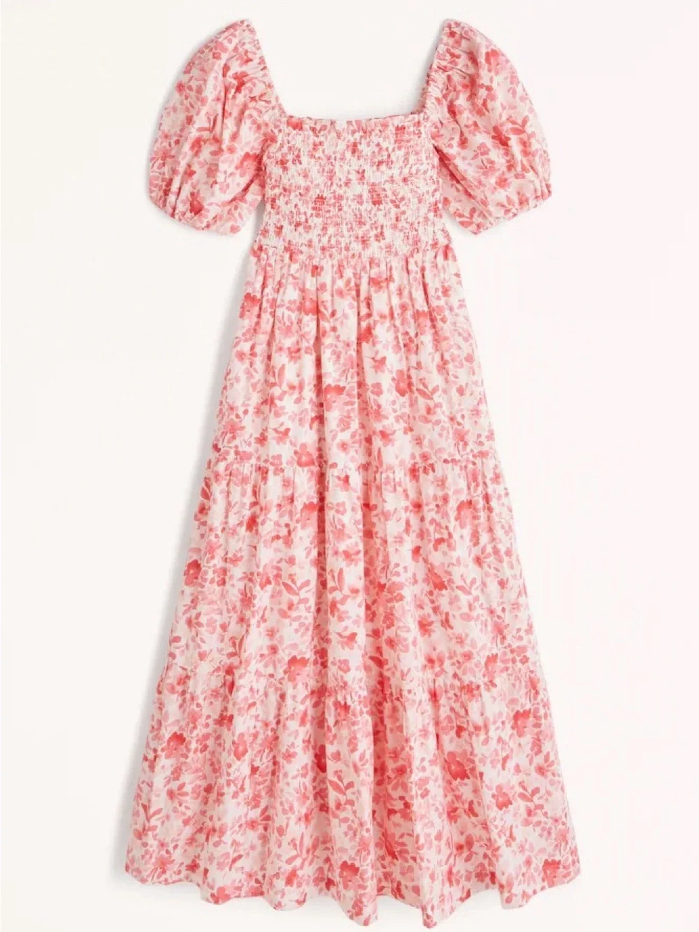 Abercrombie & Fitch Pink Floral Puff-Sleeve Smocked Maxi Dress